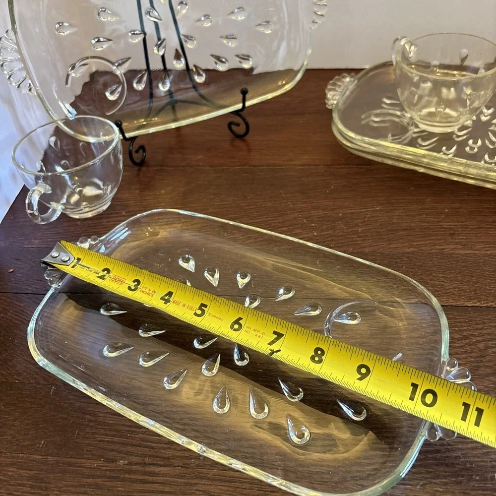 Vtg Hazel Atlas Glass Snack Plates & Cups Mid‎ Century Modern Raindrop Set Of 4